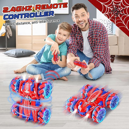 Spider RC Cars for 4 5 6 7 8 Year Old Boys - 2.4Ghz Rechargeable Double Sided Remote Control Stunt Car 360°Rotating 4WD Off-Road RC Drift Car with Light Birthday Xmas Gifts for Kids Age 4-6 5-7 8-12