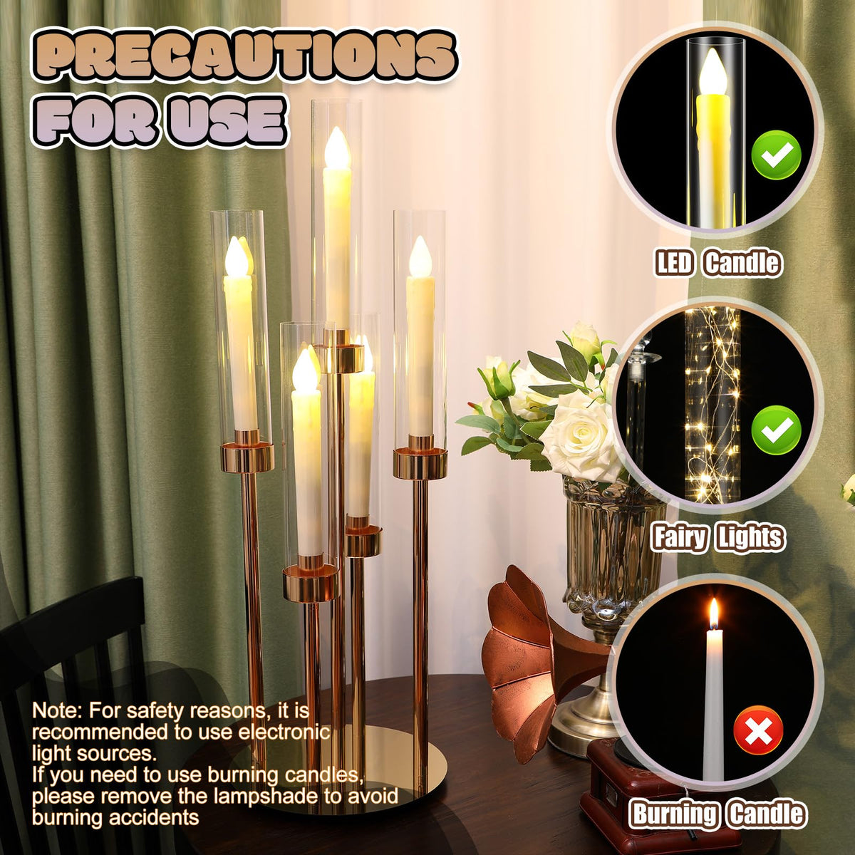 Tandefio 2 Set Gold Candelabra Centerpieces for Tables, 26.8 Inch 5 Arm Candle Holders with LED Candles and Acrylic Cylinders, Tall Acrylic Wedding Table Centerpieces for Reception Dinner Party Decor
