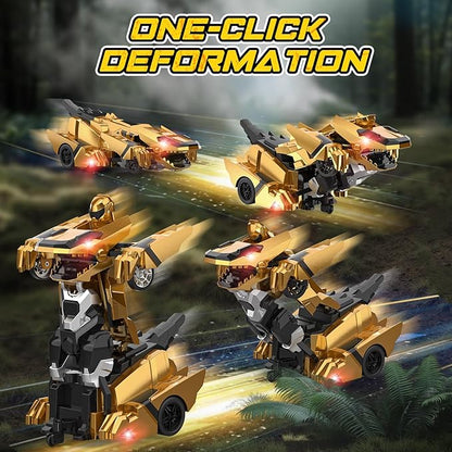 Dinosaur Transform Rc Cars 2.4Ghz Remote Control Car Transforming Robot with Flashing Light 360° Rotation One Button Deformation Car Toy Gifts for Boys Age 4-7 8-12