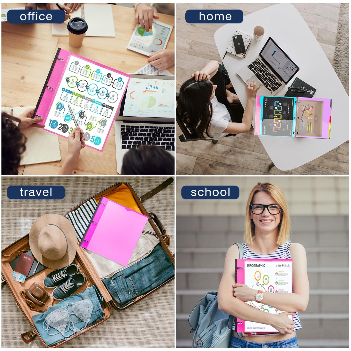 INFUN 1 Inch Telescoping Project Organizer Binder-2PCS,13 Pocket, Customizable Front Cover, 5 Colors Pocket Divider and Plastic Binder Pocket，225 Sheet Capacity-Pink