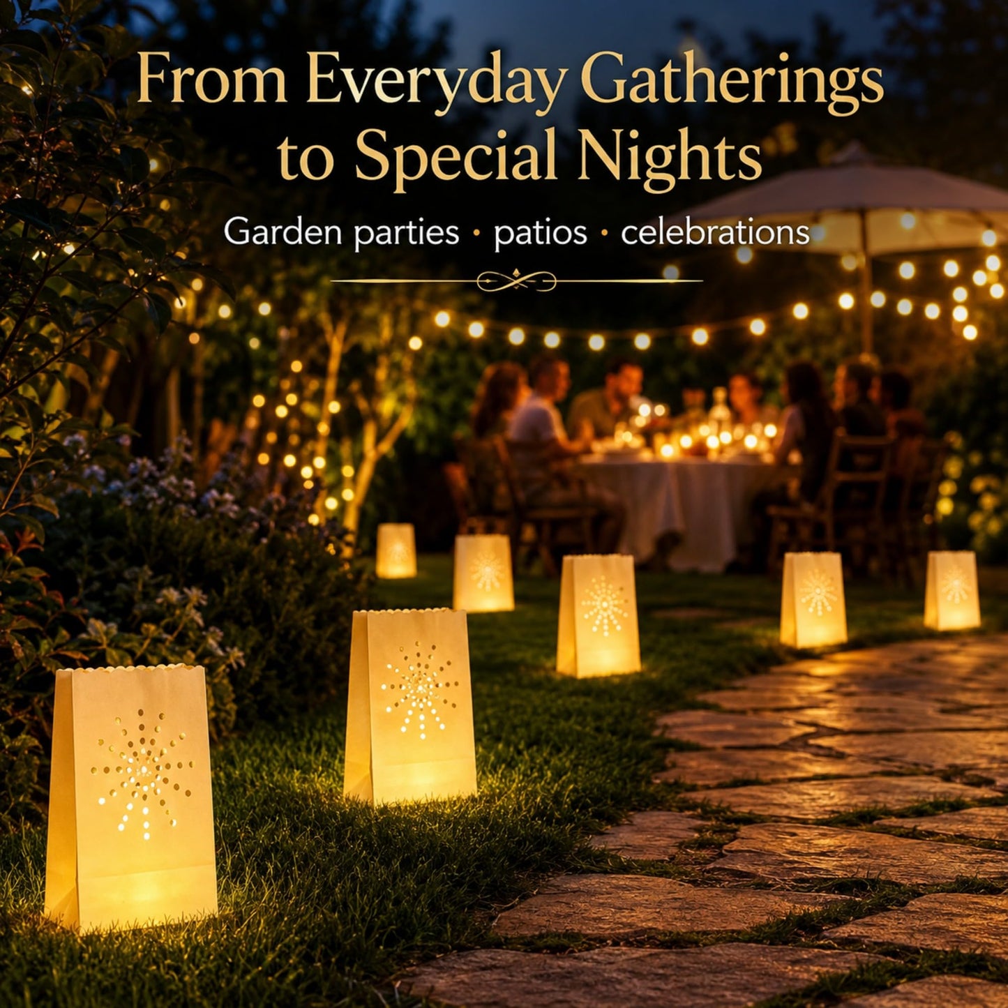 AceList 30 Sunburst Luminary Bags with Flameless Candles & Batteries - Reusable Outdoor Luminaries for Christmas Driveway, Walkway & Party - Moisture-Resistant Coated Paper Lanterns Set
