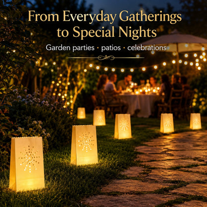 AceList 30 Sunburst Luminary Bags with Flameless Candles & Batteries - Reusable Outdoor Luminaries for Christmas Driveway, Walkway & Party - Moisture-Resistant Coated Paper Lanterns Set