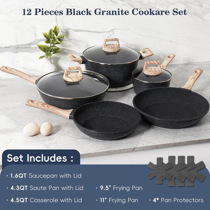SODAY 12 Pcs Pots and Pans Set Non Stick, Cookware Sets Black Granite Induction Cookware, Non-toxic Healthy Nonstick Kitchen Cooking Set with Frying Pans Set, Saucepans (PFAS/ PFOA/ PFOS Free)
