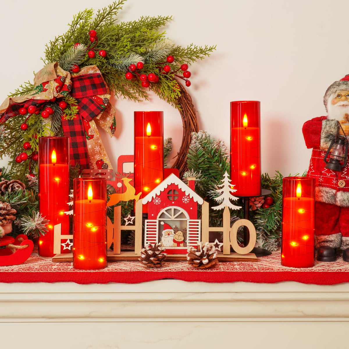 Homemory 12Pcs Flameless Candles with Star String Fairy Lights, Flickering Battery Operated Candles, LED Fake Candles with Remote and Timer, Christmas, Weddings, Home Decor, Red
