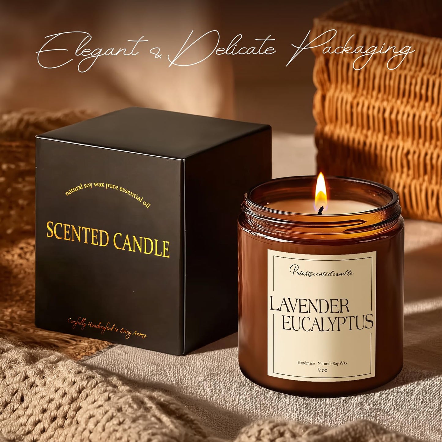 Putart Lavender & Eucalyptus Scented Candles for Home, Natural Soy Wax Aromatherapy Non Toxic Candle Gifts for Women Men, Home Fragrance Decoration Glass Jar Candle for Meditation and Relaxation (9oz)