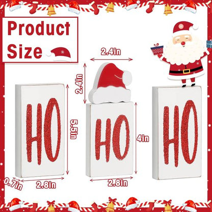 Ho Wood Christmas Blocks - Festive Wooden Tabletop Signs for Holiday Decor | Set of 4 (White)