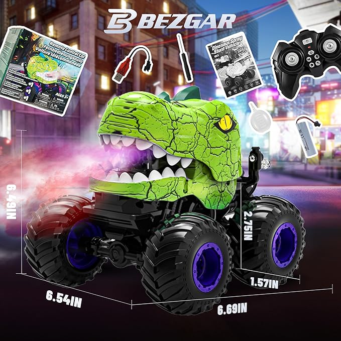 BEZGAR Monster Truck Toys - Remote Control Monster Truck with Spray Light Music Dinosaur Toys for Kids 1:20 Scale RC Truck with 360° Spins and Drifting Remote Control Car for Boys 4-7 Green