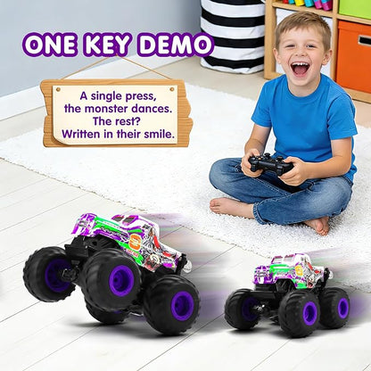 DYODYORC Remote Control Car 2.4Ghz All Terrain Monster Truck Toys RC Truck with Music 3 Lighting Effects 360 Stunt Capable 2 Batteries Ready to Run Toy Gifts for Boys and Girls (Purple)