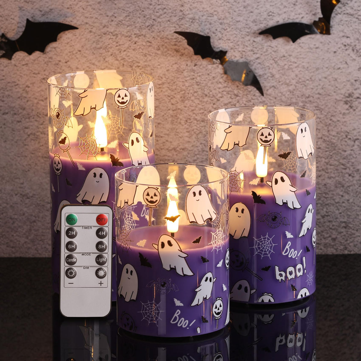 Girimax Purple Glass Flameless Pillar Candles with Remote, Halloween Flickering LED Wax Candles Battery Powered Set of 3