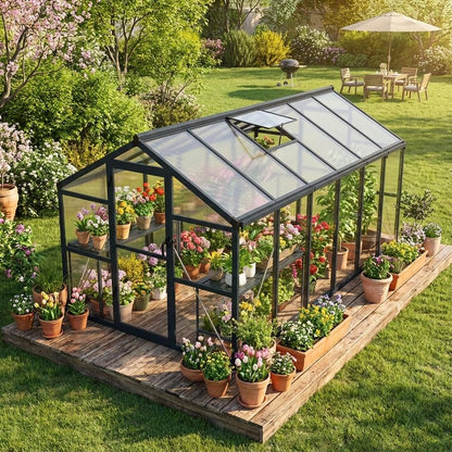 Garvee 8x12ft Greenhouse, Large Walk-in Greenhouse for Outdoors with Roof Vent & Lockable Outward-Opening Swing Door, Heavy Duty Aluminum Frame Polycarbonate Green House for Garden,Backyard,Lawn,Grey