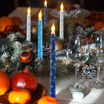 Kittmip 6 Pcs Snowflakes Wonderland Flameless Taper Candles 11 Inch Winter Battery Operated LED Candles Blue White Table Centerpiece for Christmas Xmas Holiday Party Decor
