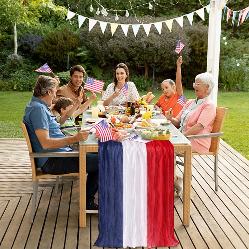 RunNico 2 PCS 4th of July Cheese Cloth Table Runner- 120 x 38 Inch Rustic Red White and Blue Gauze Table Cloth- Patriotic Memorial Day Cheesecloth Table Runners for Independence Day Dining Table Decor