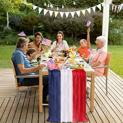 RunNico 2 PCS 4th of July Cheese Cloth Table Runner- 120 x 38 Inch Rustic Red White and Blue Gauze Table Cloth- Patriotic Memorial Day Cheesecloth Table Runners for Independence Day Dining Table Decor