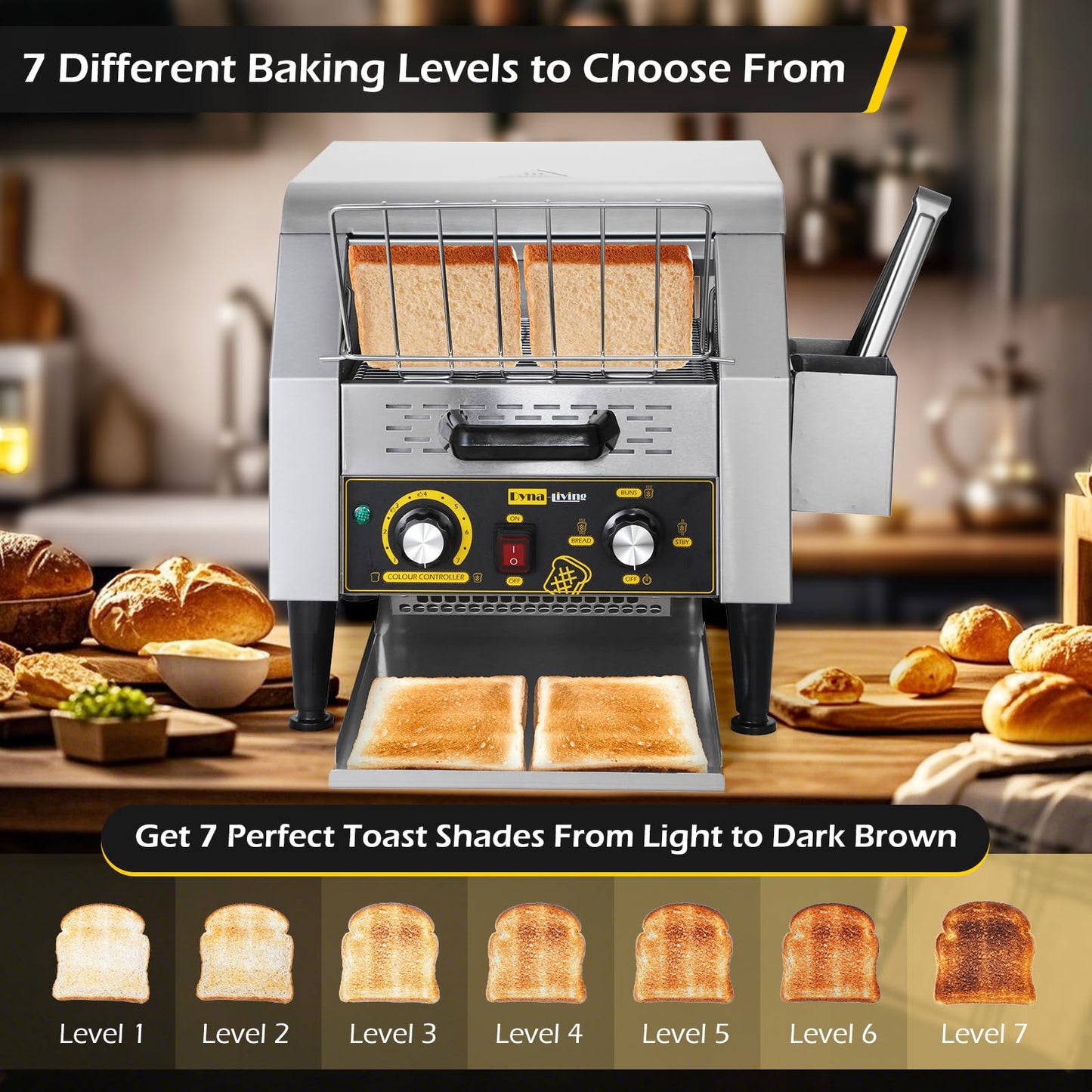Dyna-Living Commercial Conveyor Toaster 300 Slices/Hour, Electric Conveyor Belt Toaster for Restaurant, 1900W Heavy Duty Stainless Steel Conveyor Toasters for Bun Bagel Bread