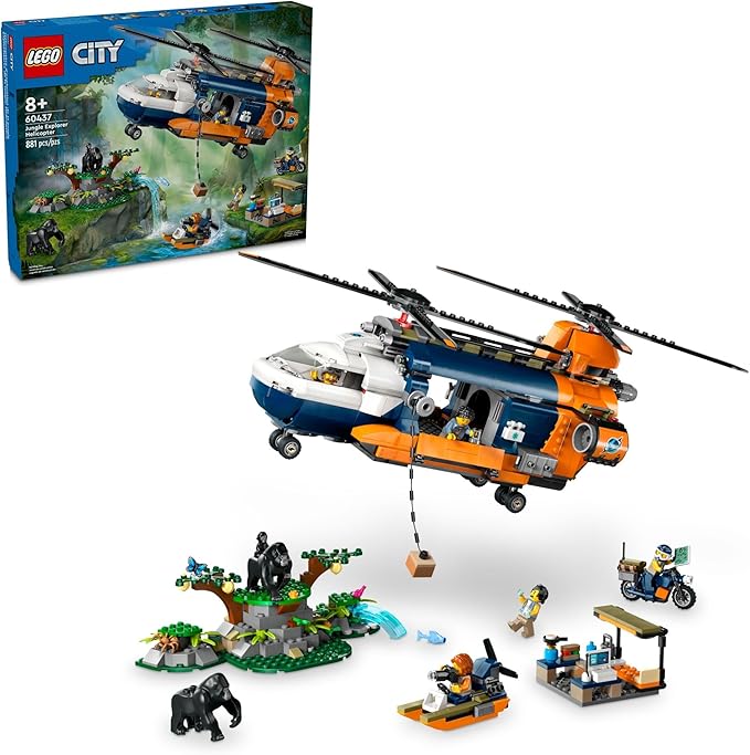 LEGO City Jungle Explorer Helicopter Toy at Base Camp - Kids Toy Adventure Building Set for Boys &amp Girls Ages 8+ - with 5 Minifigures &amp Gorilla Figures - Gift Ideas for Birthdays - 60437
