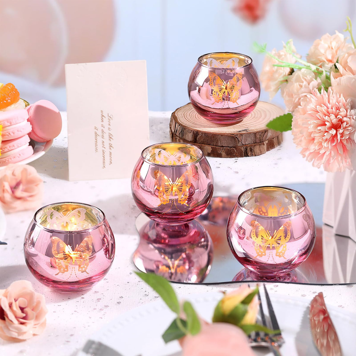 12 Pcs Pink Votive Candle Holders Set Tea Lights Candle Holder Bulk Butterfly Candle Holders Butterfly centerpieces for Tables Wedding Birthday Anniversary Parties Holiday Decorations