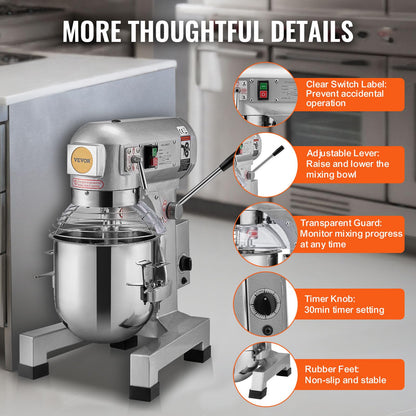 VEVOR Commercial Food Mixer 30Qt, Commercial Mixer with 3 Adjustable Speeds, 1100W Dough Mixer,Commercial Stand Mixer with Stainless Steel Bowl