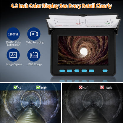 Willsily Drain Inspection Camera,4.3" Industrial Endoscope with DVR Function and LED Lights IP68 Waterproof Sewer Camera 8-10H Battery Borescope for Home Drain Pipe Plumbing(98.4ft/30m)