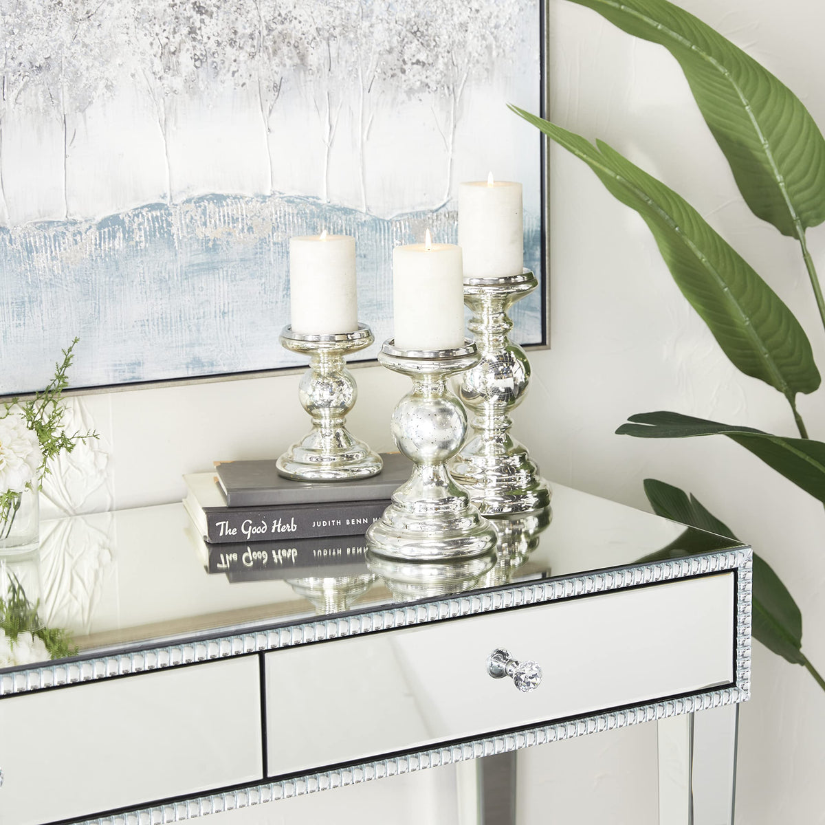 Deco 79 Glass Decorative Candle Holder Turned Style Pillar Candle Stand, Set of 3 Candlestick Holder 10", 8", 6"H, Silver