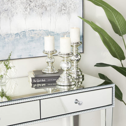 Deco 79 Glass Decorative Candle Holder Turned Style Pillar Candle Stand, Set of 3 Candlestick Holder 10", 8", 6"H, Silver