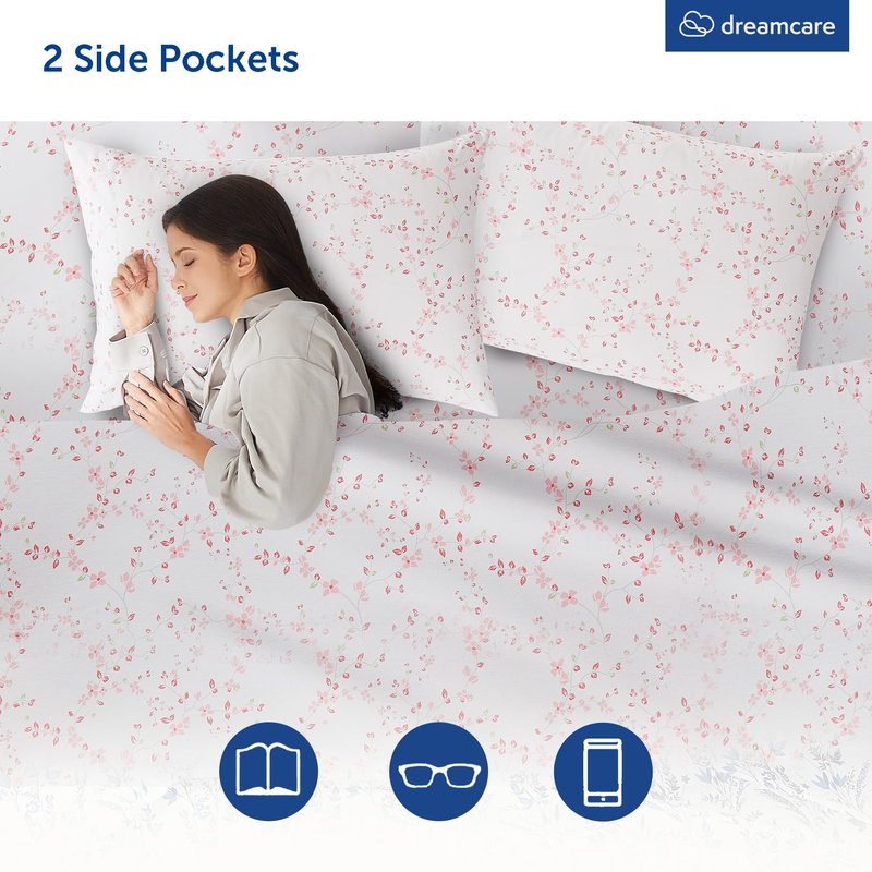 DREAMCARE Full Size Sheets - Cooling Sheets - 4pcs Set - up to 15" Deep Pocket Full Sheet Set - Sheets Full Size Bed - Soft & Long Lasting 100% Fine Brushed Polyester with Side Pocket Floral Blossom