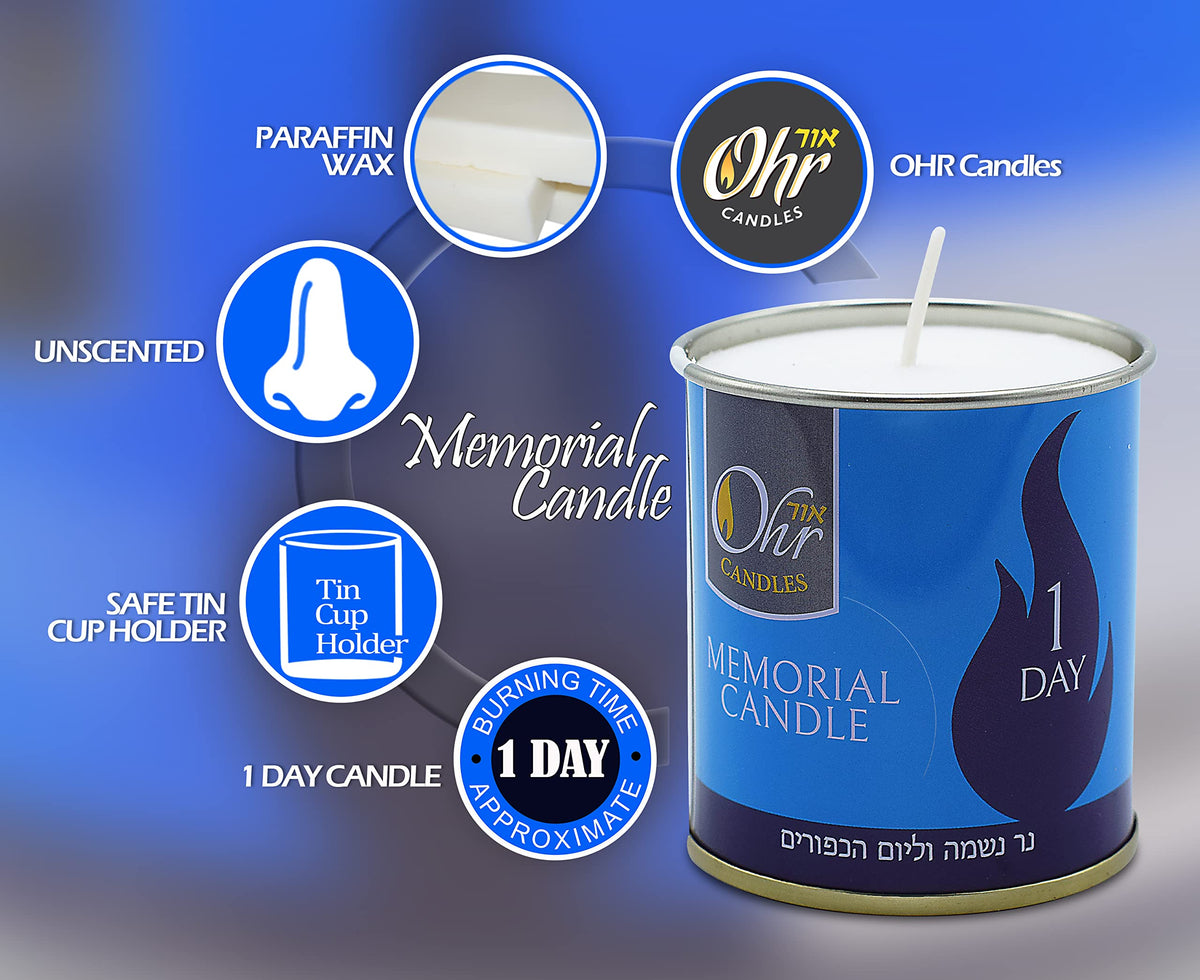 1 Day Yahrzeit Candle - 12 Pack - 24 Hour Kosher Yahrtzeit Memorial and Yom Kippur Candle in Tin Cup Holder