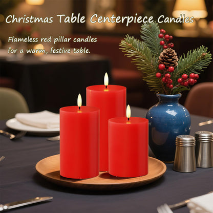 JOIONE Flameless Pillar Candles with Remote, 3 Pack Battery Operated Real Wax LED Candles, Perfect for Home Decorations Fireplace Table, Red
