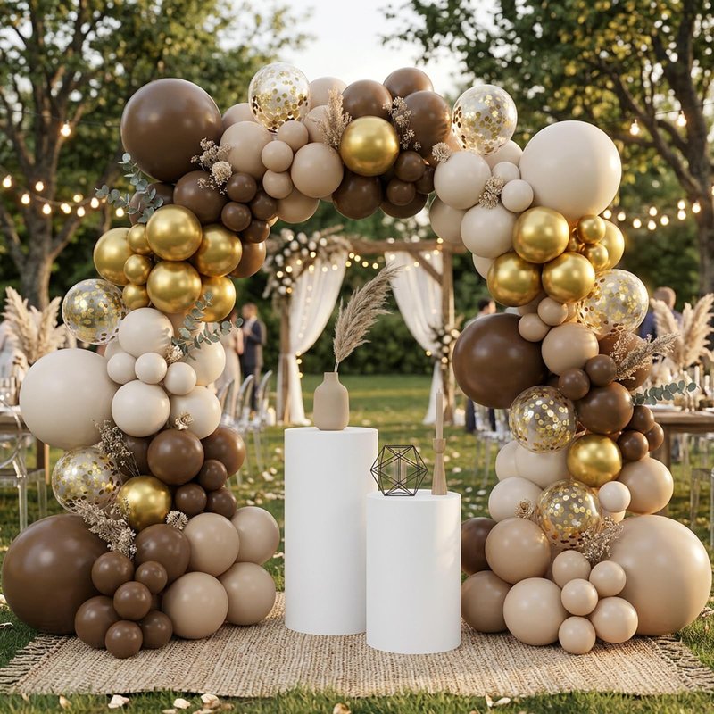 RUBFAC Brown Balloon Garland Arch Kit 129pcs Different Sizes Pack of 18 12 10 5 Inch, Latex Light Brown Coffee Sand White Cream Beige Confetti Gold Balloon Garland Arch Kit for Neutral Boho Bear