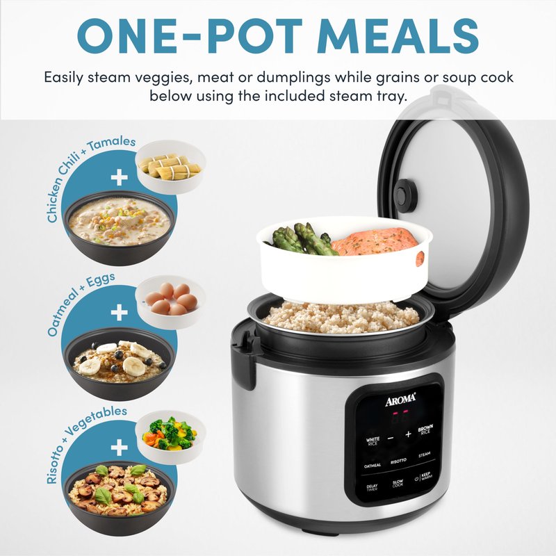 AROMA Digital Rice Cooker, 4-Cup (Uncooked) / 8-Cup (Cooked), Steamer, Multicooker, Slow Cooker, Oatmeal Cooker, Auto Keep Warm, 2 Qt, Stainless Steel Exterior