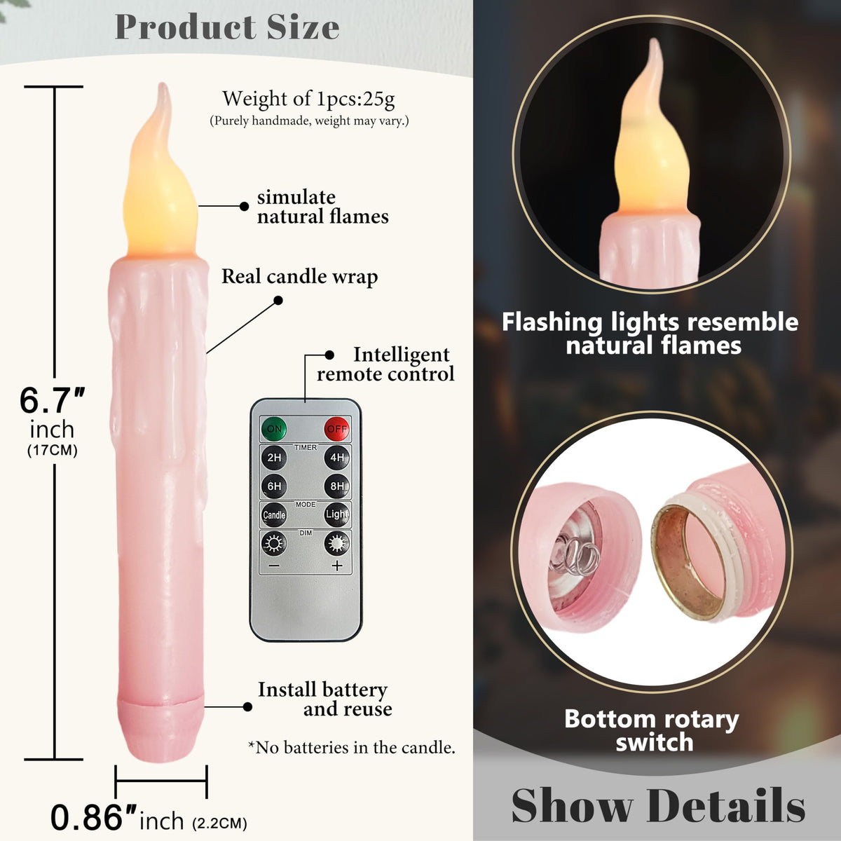 FCMSHAMD Pink Flameless Short Taper Candles, Real Wax Hand Dipped LED Battery Operated with Remote, Flickering Flame Lights for Festival Party Home Décor, 6.7 Inch Primitive Flameless Candles, 4PCS