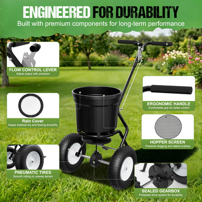 PPOLB Broadcast Spreader for Lawns, 50LB Fertilizer Spreader with 30-Level Flow Control, Walk Behind Lawn Seed & Salt Spreader, 0–10FT Coverage, Hopper Screen, Rain Cover, 12" Pneumatic Wheels