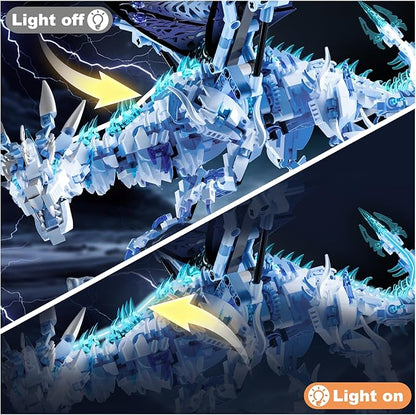 Mechanical Ice Dragon Building Block Toy Kit with LED Light Movable Linkage Gears Display Stand - Fantasy Dragon Model Kit for Teens &amp Adults 1646 PCS