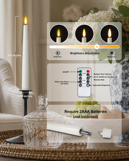 Homemory 9.6 Inches Waxy Flameless Taper Candles with Remote Timer Dimmer, Flickering LED Candlesticks, Battery Operated Window Candle for Christmas Wedding Home Decor, White, 6 Pcs