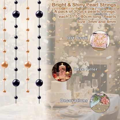 YATOJUZI 30 PCS Artificial Pearl String Orange and Black Vase Filler Floating Pearls for Vases Centerpieces Faux Pearl Beads String Decorations Holiday Halloween Party Decor