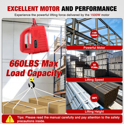 Nilight 3-in-1 Electric Hoist Winch, 660LBS 1500W Portable Power Winch Crane with Manual Wired Wireless Remote Control, 110V Electric Winch 33FT/Min Speed 39FT Height for Garage Warehouse Factory, Red