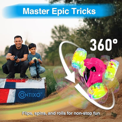 Contixo SC3 RC Stunt Car Pink 2.4GHz 4WD Double-Sided 360° Rotating flip Racer Remote Control Toy Cars with LED Lights for Kids Girls Boys Age 4-12 Birthday Gift