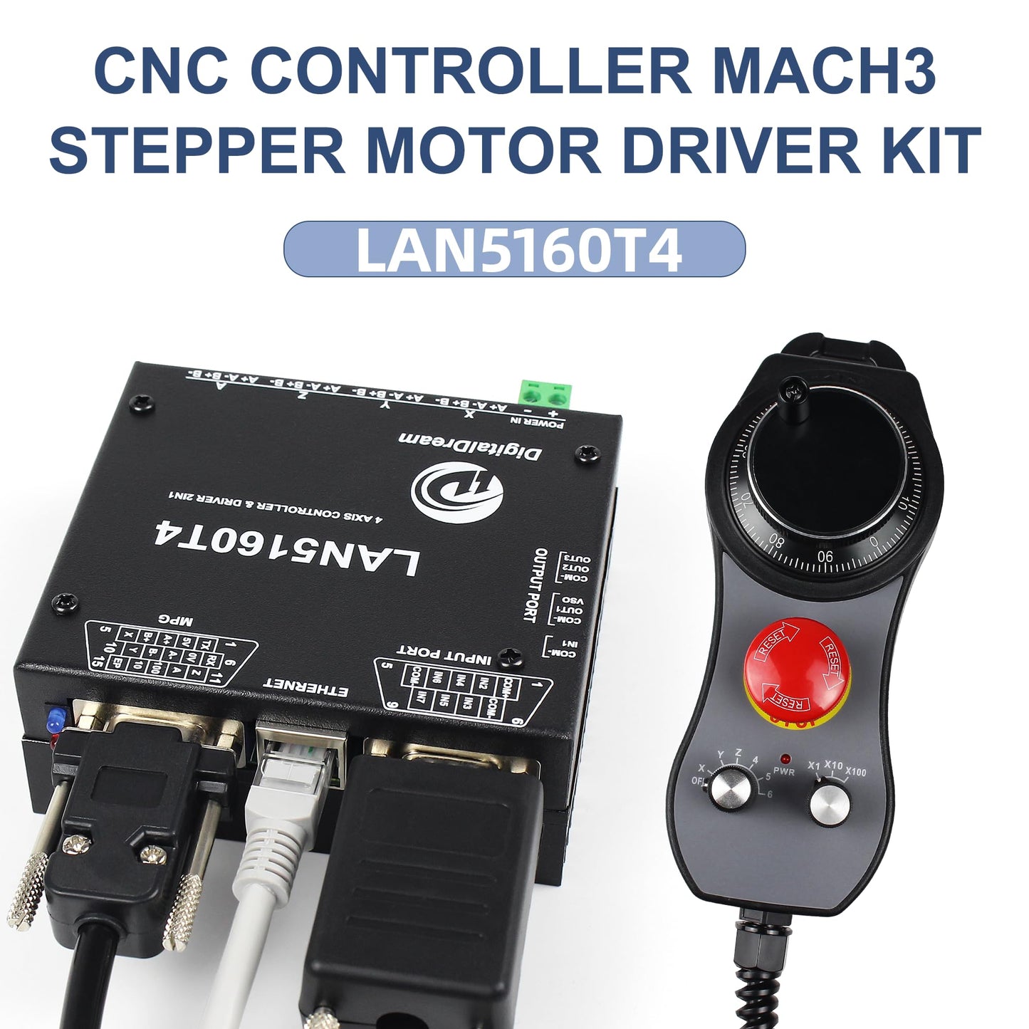 RATTMMOTOR 4-Axis Mach3 CNC Controller Kit, LAN5160T4 Stepper Motor Driver Ethernet with Electronic Handwheel MPG Pendant Emergency Stop Manual Pulse Generator for CNC Router/Lathe/Engraving Machine