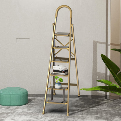 GameGem Lightweight Aluminum 6 Step Ladder for 12 Feet High Ceiling, Folding Step Stool Stepladders with Anti-Slip and Wide Pedal for Home and Kitchen Use Space Saving (Gold)