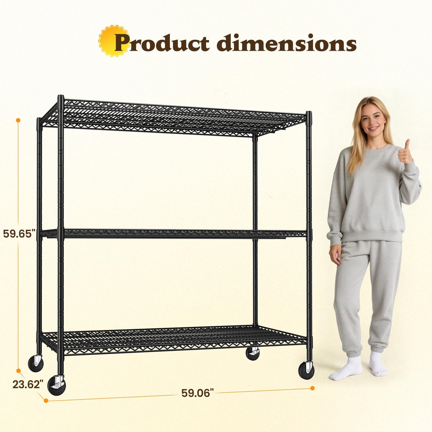 DurayLoly 1500LBS Heavy Duty Wire Shelving Unit, 3-Tier Adjustable Metal Storage Shelves with Lockable Wheels, 59.06"W x 23.62"D x 59.65"H, Garage Shelving Rack for Kitchen, Pantry, Warehouse, Black