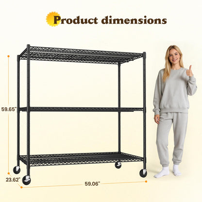 DurayLoly 1500LBS Heavy Duty Wire Shelving Unit, 3-Tier Adjustable Metal Storage Shelves with Lockable Wheels, 59.06"W x 23.62"D x 59.65"H, Garage Shelving Rack for Kitchen, Pantry, Warehouse, Black