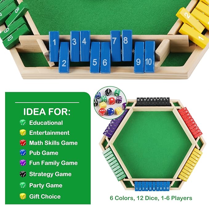 Shut The Box Game Wooden 1-6 Players Dice Board Game for Adults and Kids 10 Numbers Math Games - Educational and Entertaining Classic Table Flip Blocks for Family Game Night