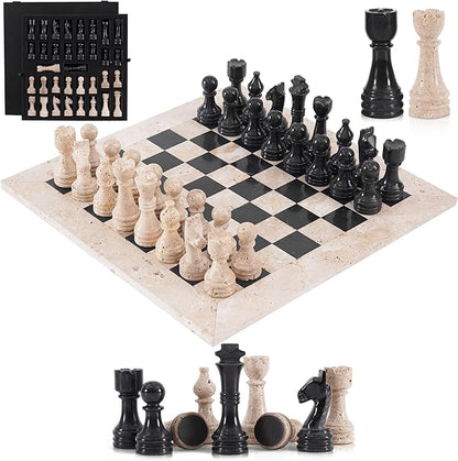 Marble Chess Set 15 Inch Handmade Travertine &amp Black Luxury Board Games for Adults Elegant Table top Board Game Travel Chess Pieces &amp Storage Box for Gifts &amp Home Decor
