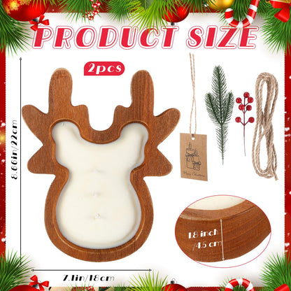 MTLEE 2 Pack Christmas Wood Dough Bowl Candle Deer Wooden Candle Bowl 3 Wick Xmas Farmhouse Decoration with Berries Pine Label for Christmas Table Centerpiece Birthday Gift Home Party Decor