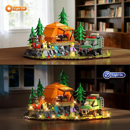 Mountain Camping Building Set with Light Outdoor Adventure Scene Toy with Camp Tent Camper Van Campfirre Creative Home Decor &amp Display Xmas Birthday Gift for Adults Teens Camping Lovers 677