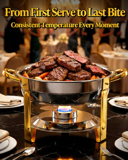 Chafing Dishes for Buffet 4 Pack, 6QT Round Stainless Steel Buffet Food Warmers with Elegant Gold & Silver Accents, Complete Set for Weddings, Parties, Catering Events & Holiday Gatherings