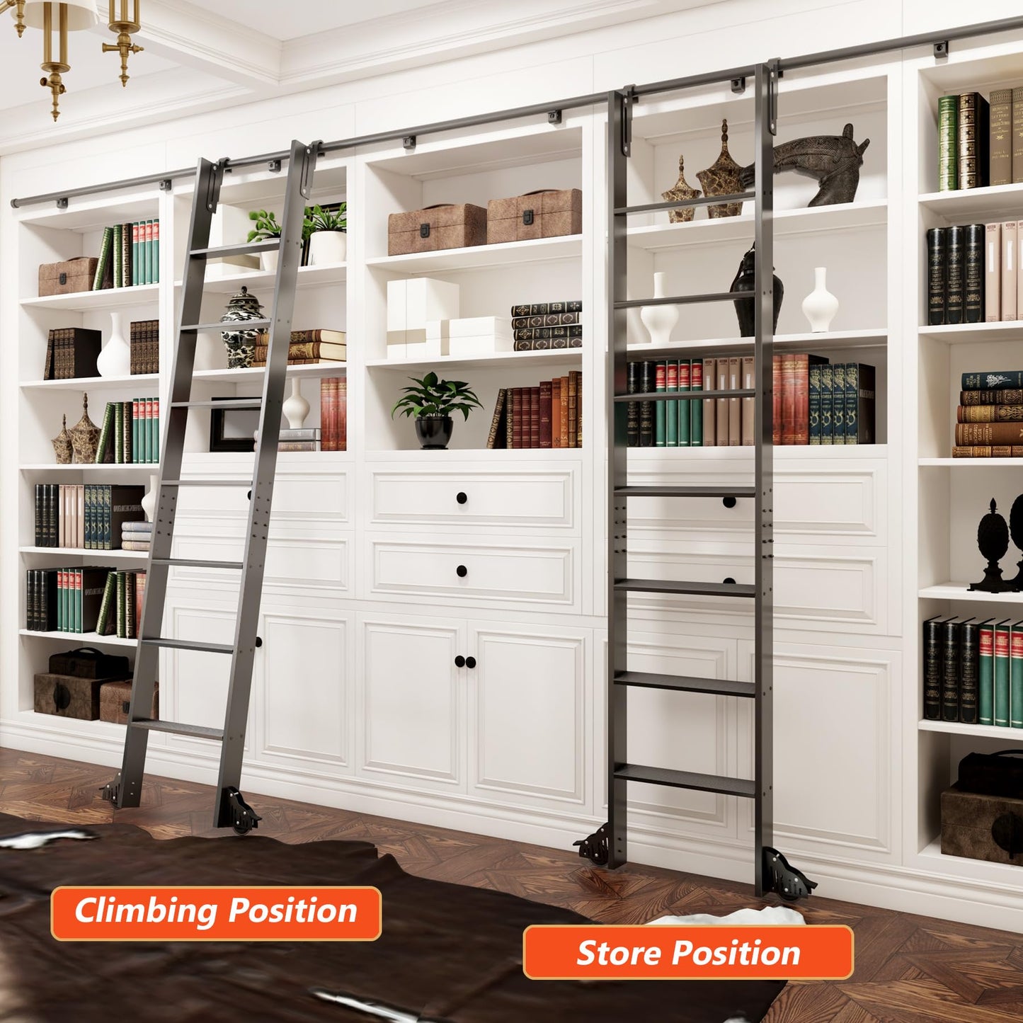 DIYHD 87" Sliding Library Ladder, Telescopic Top Hook, Lightweight Rolling Ladder with Upright Space-Saving Storage, Kit with 4FT Sliding Rail, Bottom Rollers, 300lbs Capacity, Black