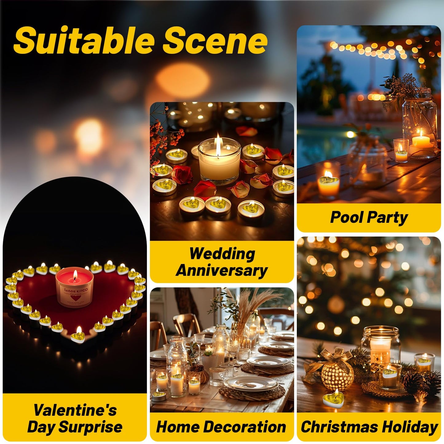 MAQIHAN Tea Lights Candles Set - 30 Pcs Heart Shaped Tealight Candles Smokeless Tea Candle Unscented Soy Candle for Dating, Weddings, Anniversaries(Yellow)