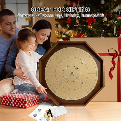 30 Inch Tournament Crokinole Board Game 2 in 1 Crokinole and Checkers with 26” Playing Surface Metal Pegs Wooden Octagon Canadian Tabletop Board Game Krokinole for Families and Friends