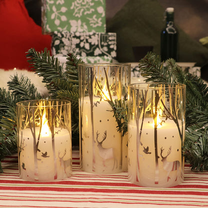 Rhytsing Silver Reindeer Design Glass Battery Operated LED Candles with 6H Timer, Christmas Flameless Candles with Warm White Light, Batteries Included - Set of 3