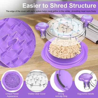 SURETIVIAN Chicken Shredder Large Chicken Breast Shredder Tool Twist with Brush&Fork, Visible Meat Shredder Machine, Anti-Slip Strip, Ergonomic Handle, BPA Free, Suitable for Pork Beef Chicken(Purple)